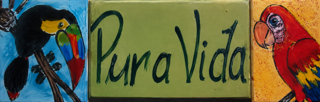 Ein Schild mit dem Text Pura Vida und zwei Papageibildern